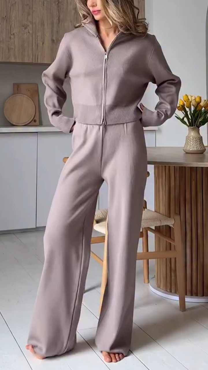 Womens Lapel Zipper Top + Pants Solid Color Casual Set