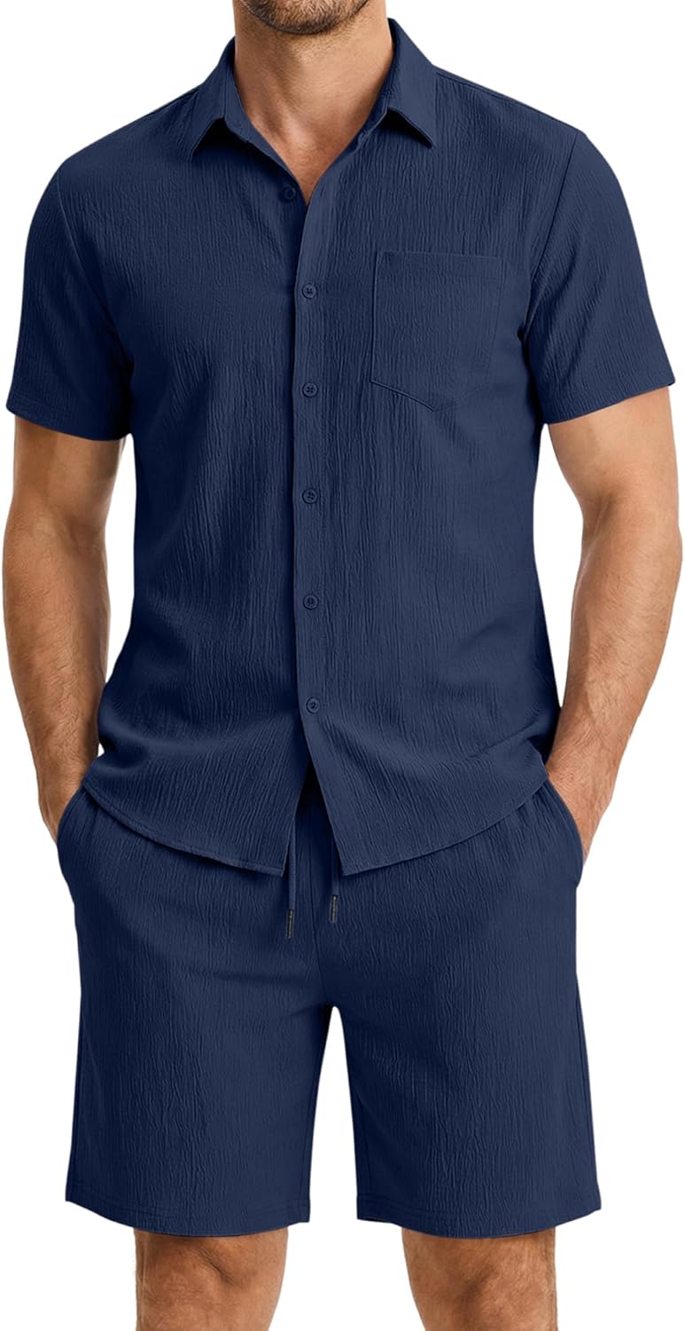 Mens 2 Piece Short Sets Short Sleeve Shirts and Shorts Summer Beach Vacation Texture Outfits