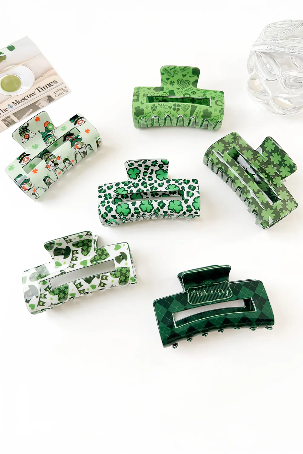 Grass Green St Patricks Clover Print Hollow Out Square Hair Clip