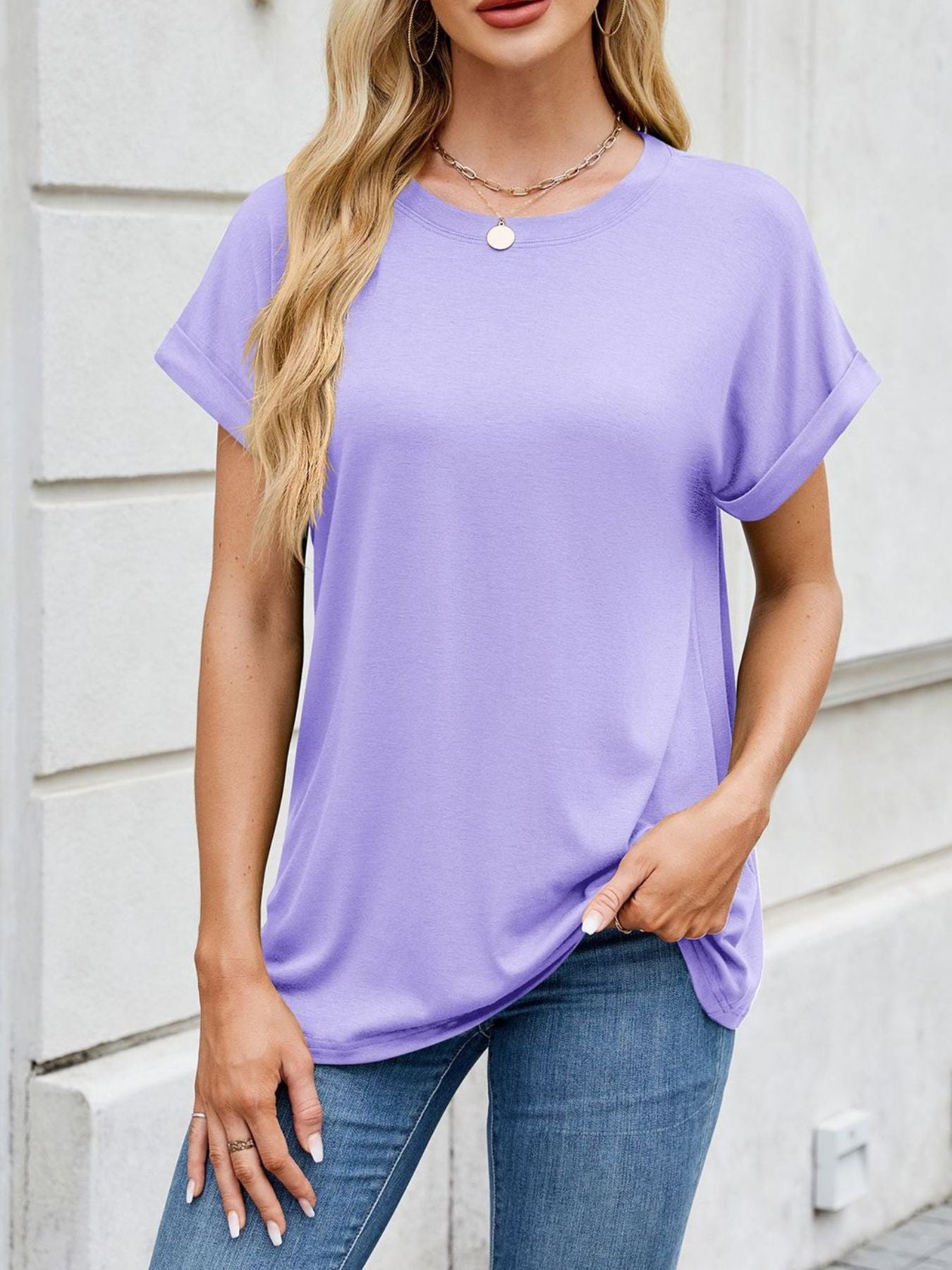 Casual Rolled Sleeve Solid Color T-Shirt