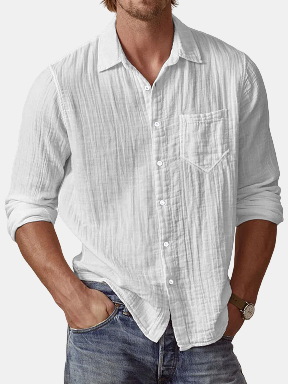 Men's Casual Textured Solid Color Comfortable Puff Wrinkle Long Sleeve Shirt