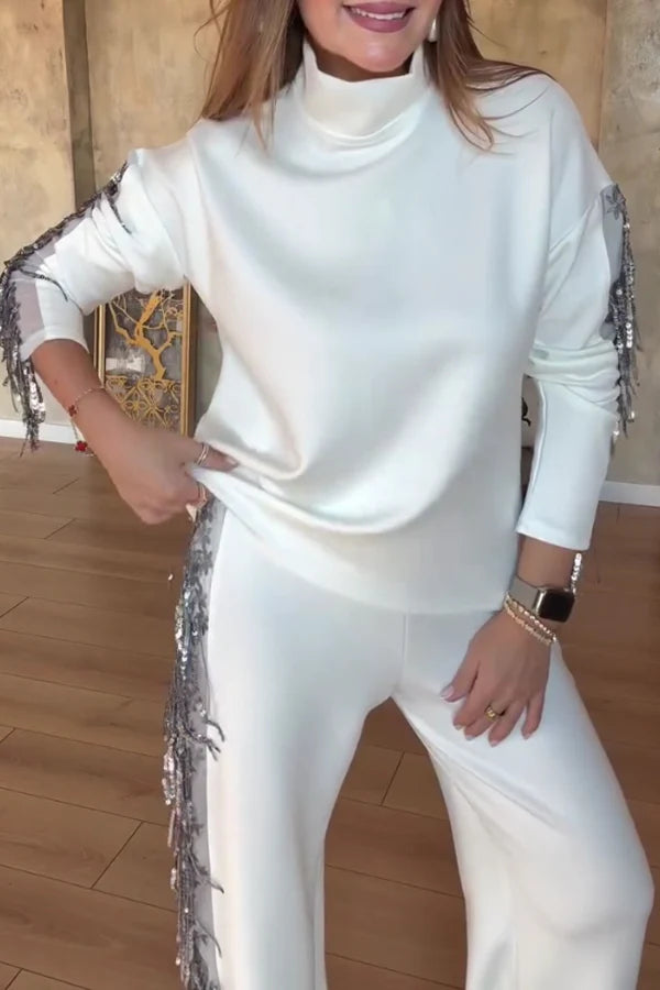 Women Casual High Neck Long Sleeve Sequined Tassel Splicing Top + Pants Suit