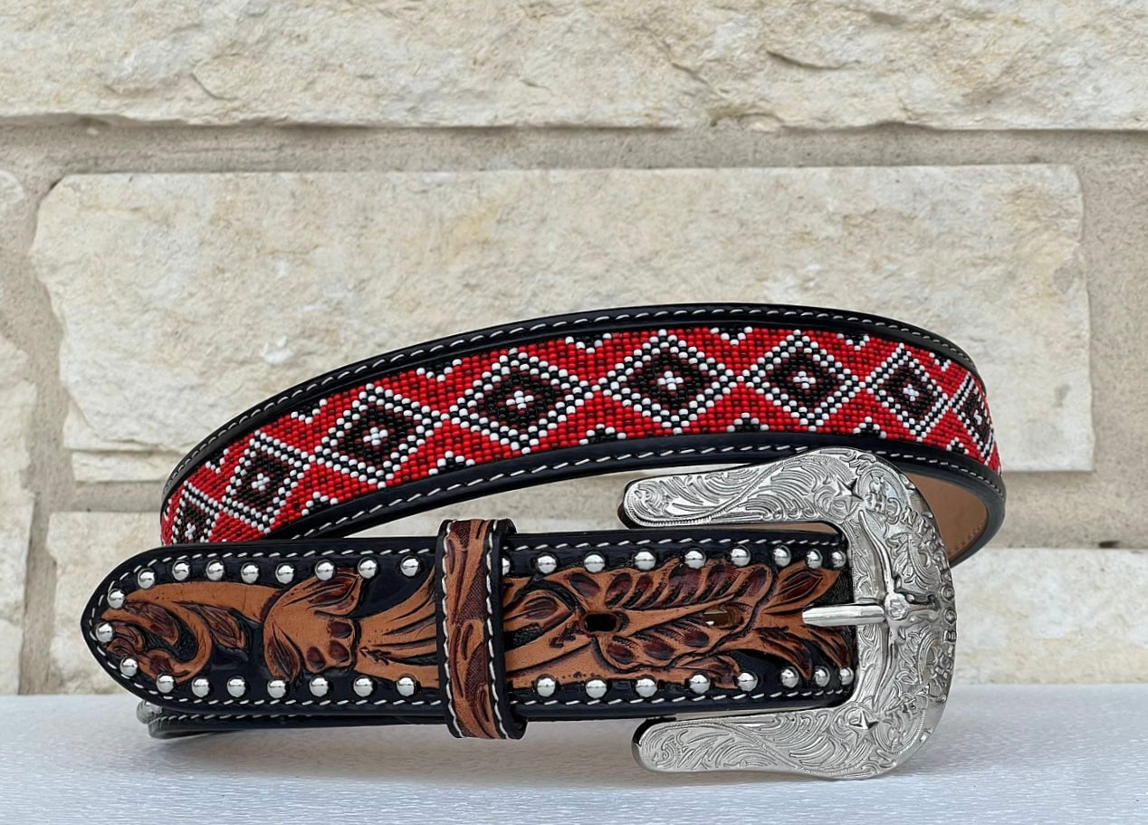Hand-Tooled Artesanal Beaded Leather Belt