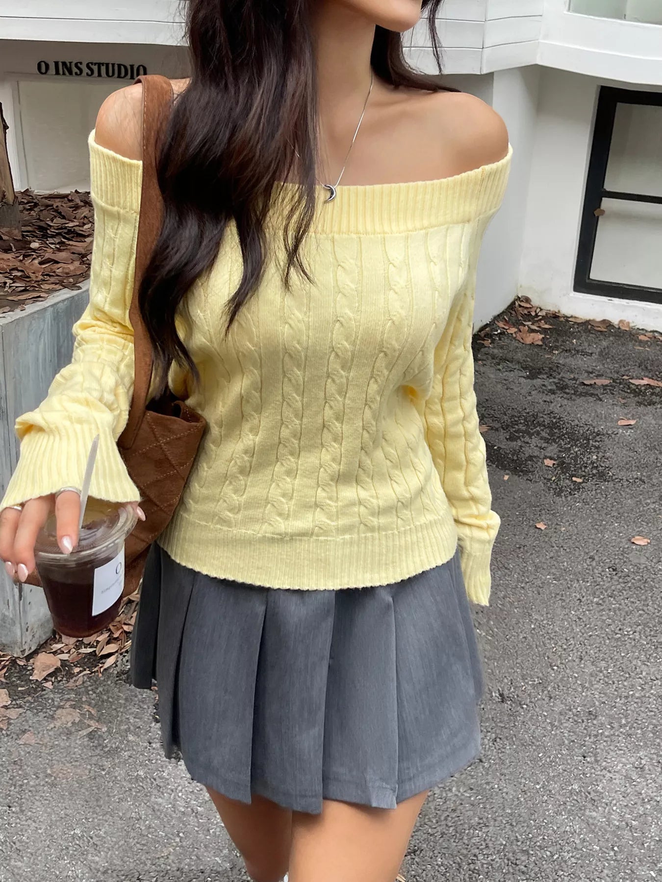 Off-Shoulder Cable Knit Sweater