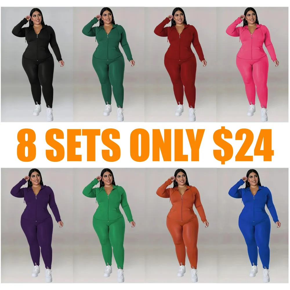 Plus Size Solid Zip Up Hooded Top & Skinny Pants Set