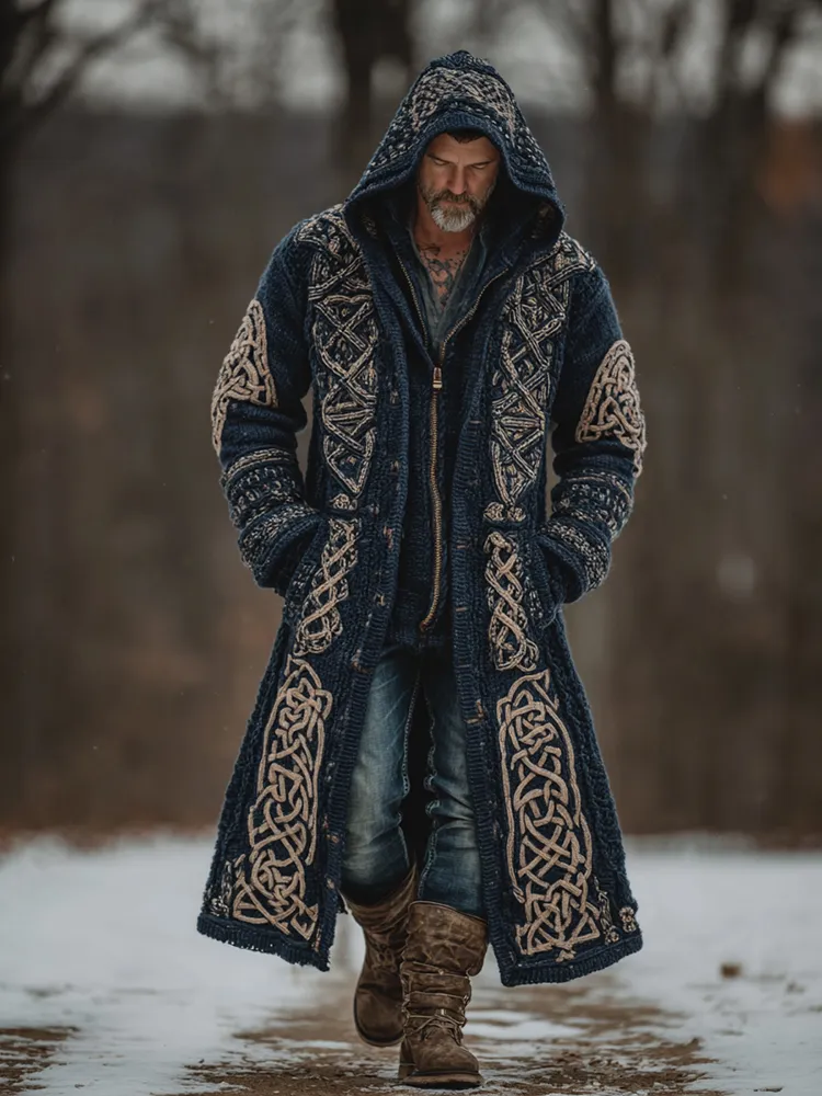 Men's Viking Celtic Knot Art Mid-length Chunky Knit Cardigan Sweater