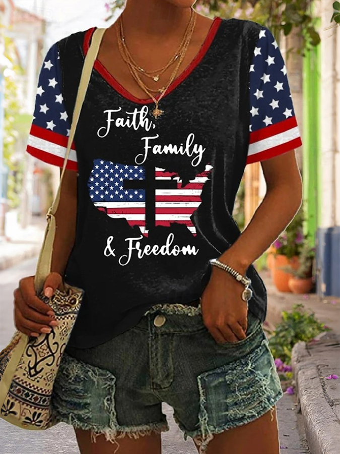 Women'S Casual American Flag Cross Print V-Neck T-Shirt
