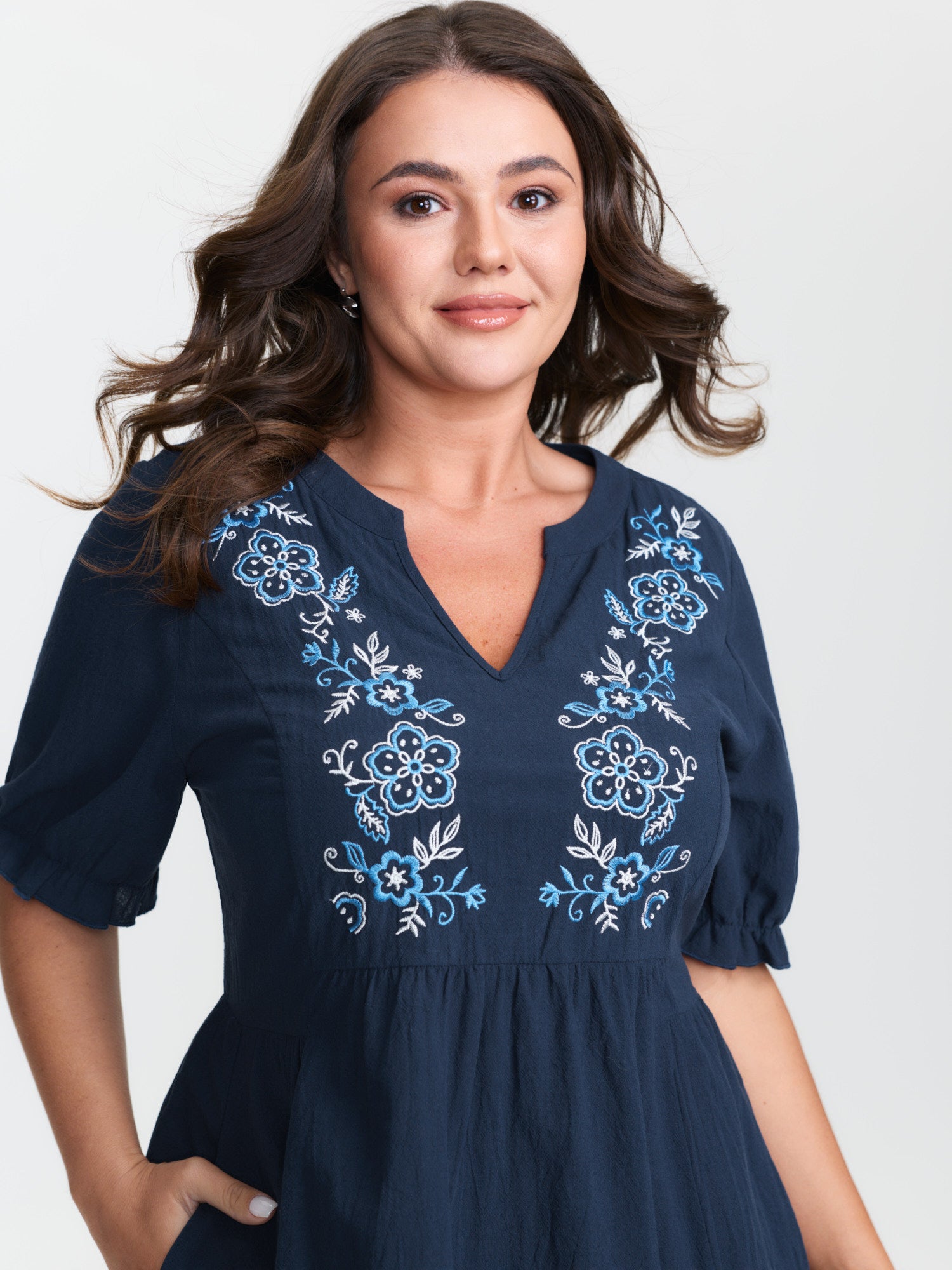 Cotton Floral Embroidery Notched Collar Mini Dress