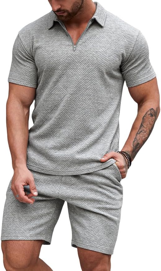Men's Polo Shirt and Shorts Set Soild Color Geometric Texture Casual Short Sleeve 2 Piece Outfits Sweatsuits Summer