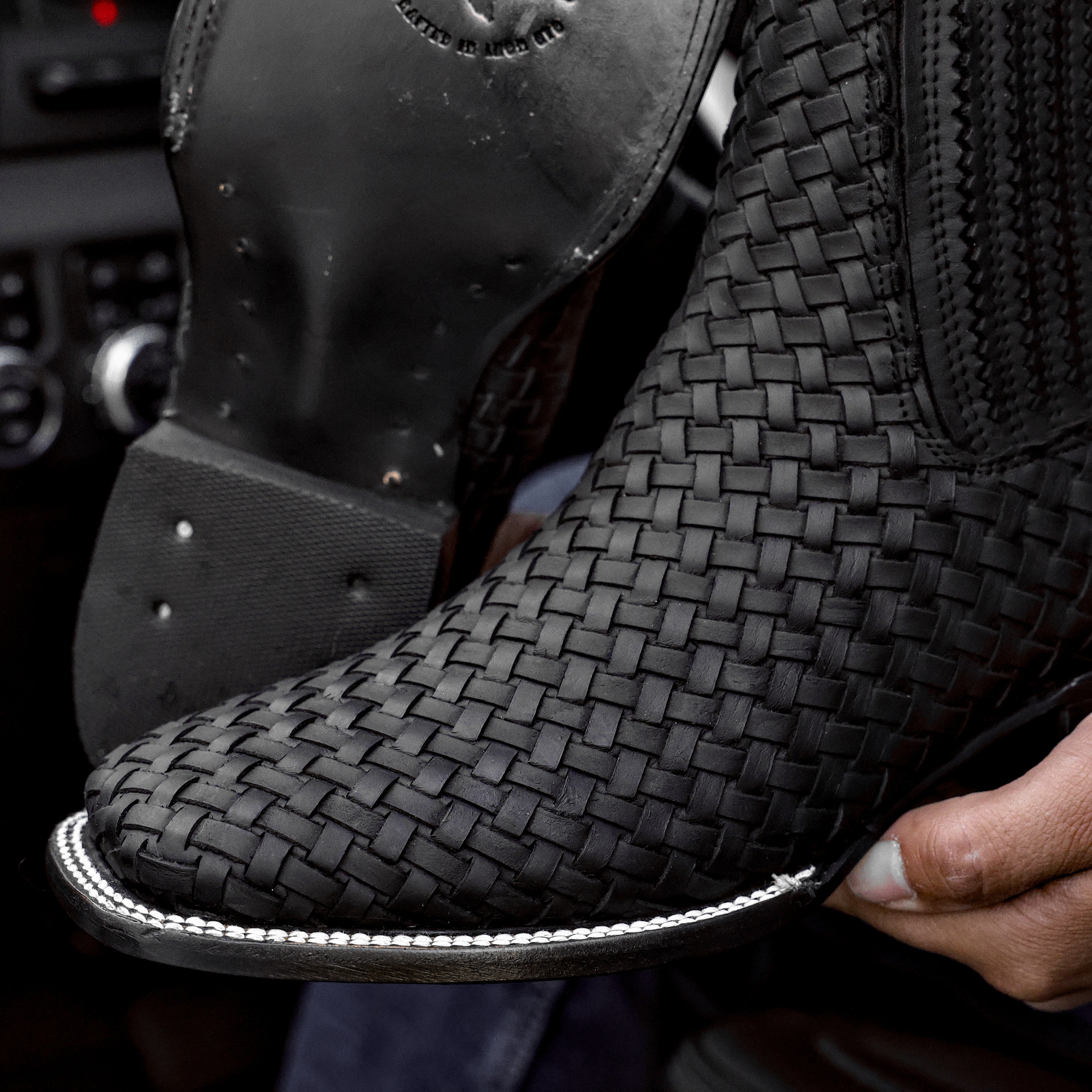 Matte Black Basketweave Leather Botines - Square Toe
