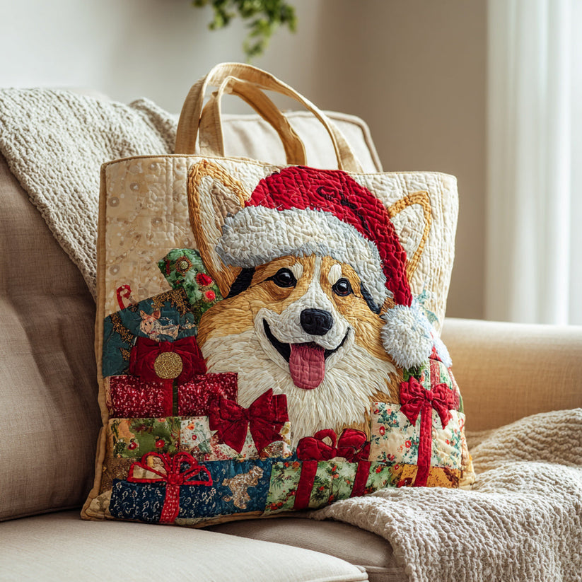 Christmas Corgi Quilted Tote Bag – Festive 3D Embroidered Holiday Art