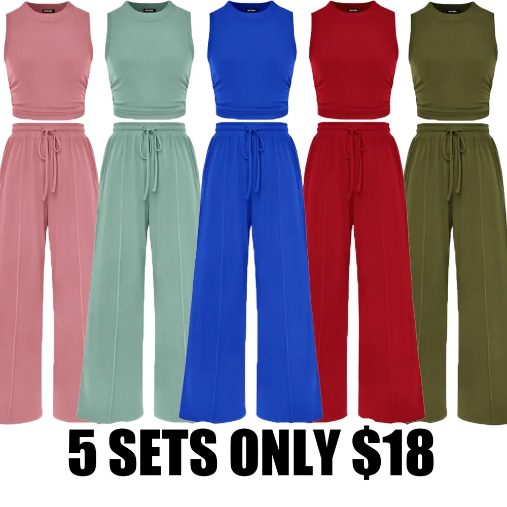 Women's Ribbed 2-Piece Lounge Set – Sleeveless Cropped Top & Wide Leg Pants for Summer Comfort & Style