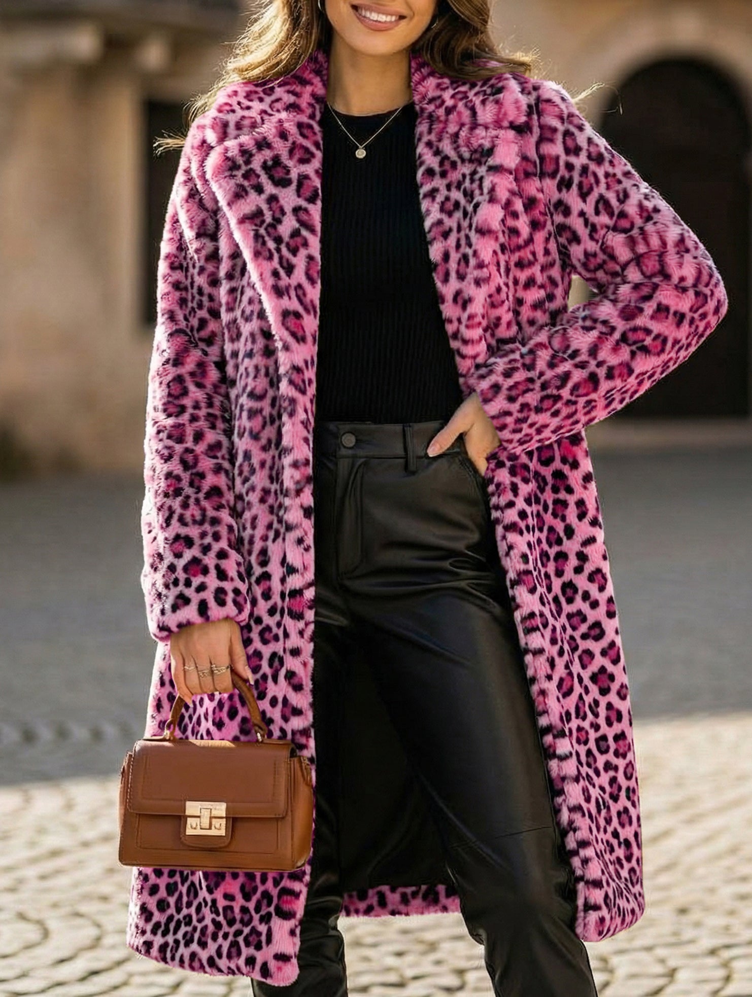 Stylish leopard print plush mid-length coat
