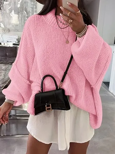 ✨Womens Oversized Mock Neck Batwing Long Sleeve Ribbed Knit Casual Tunic Sweater🔥