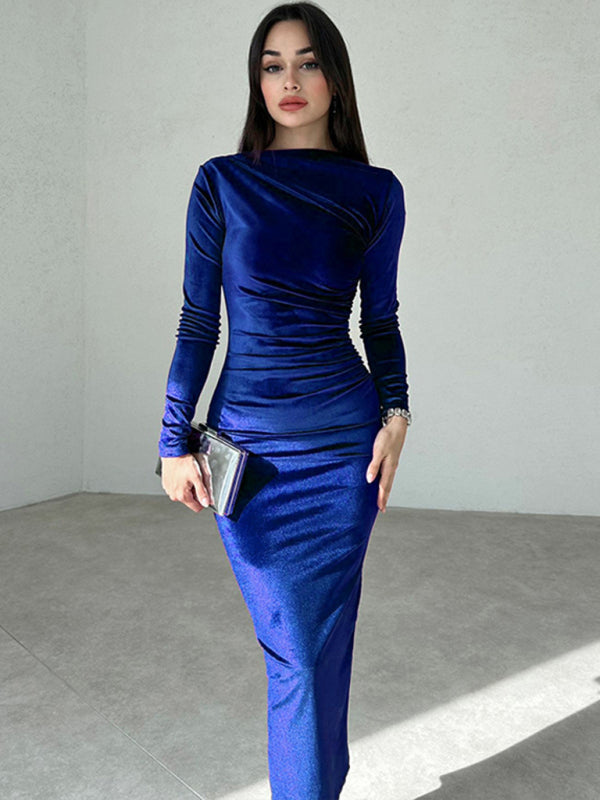 Pleated Round Neck Long Sleeve Bodycon Midi Dress