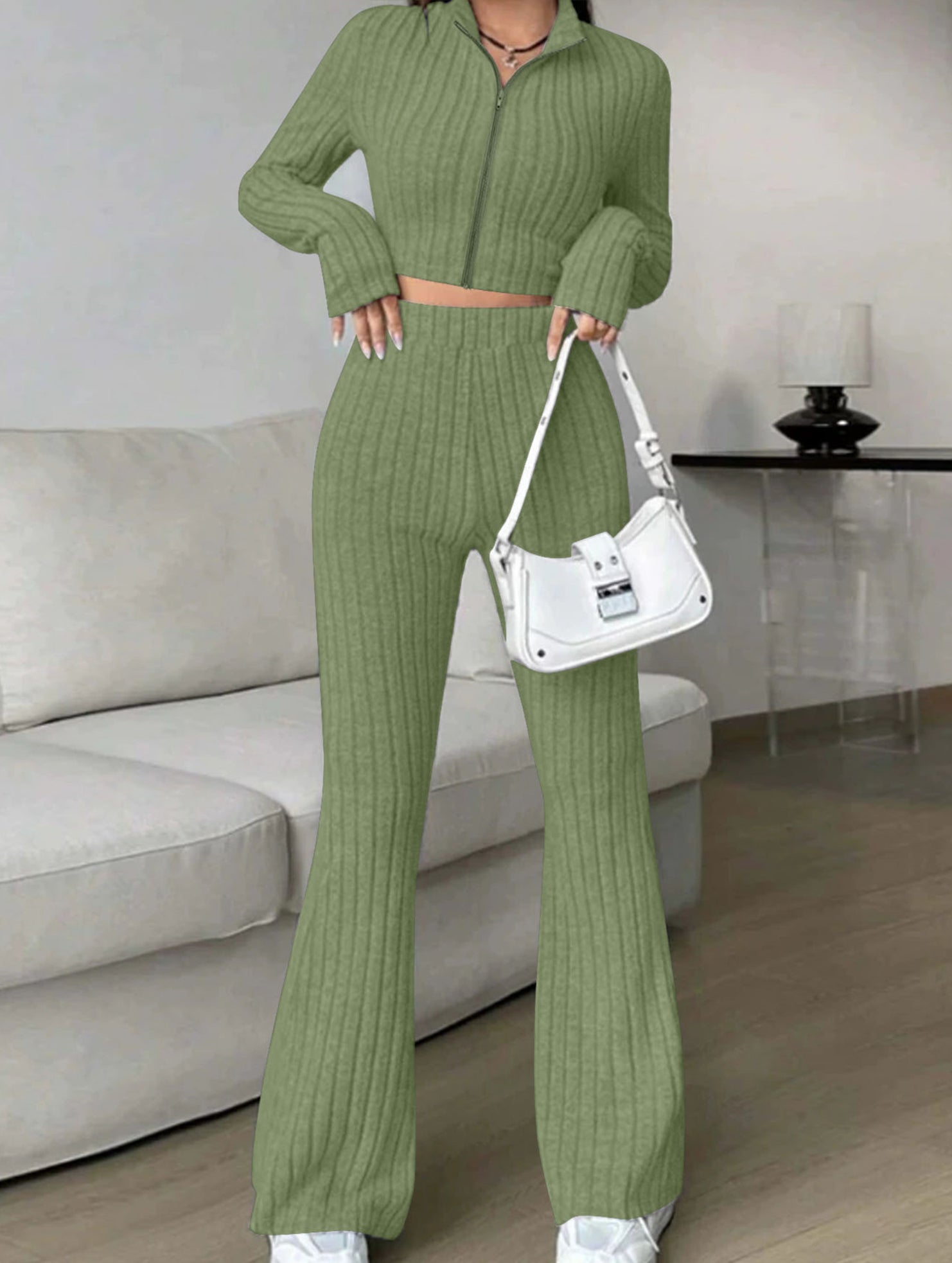 Women's Ribbed Cardigan High Waist Flare Pants Suit_CWSS01459