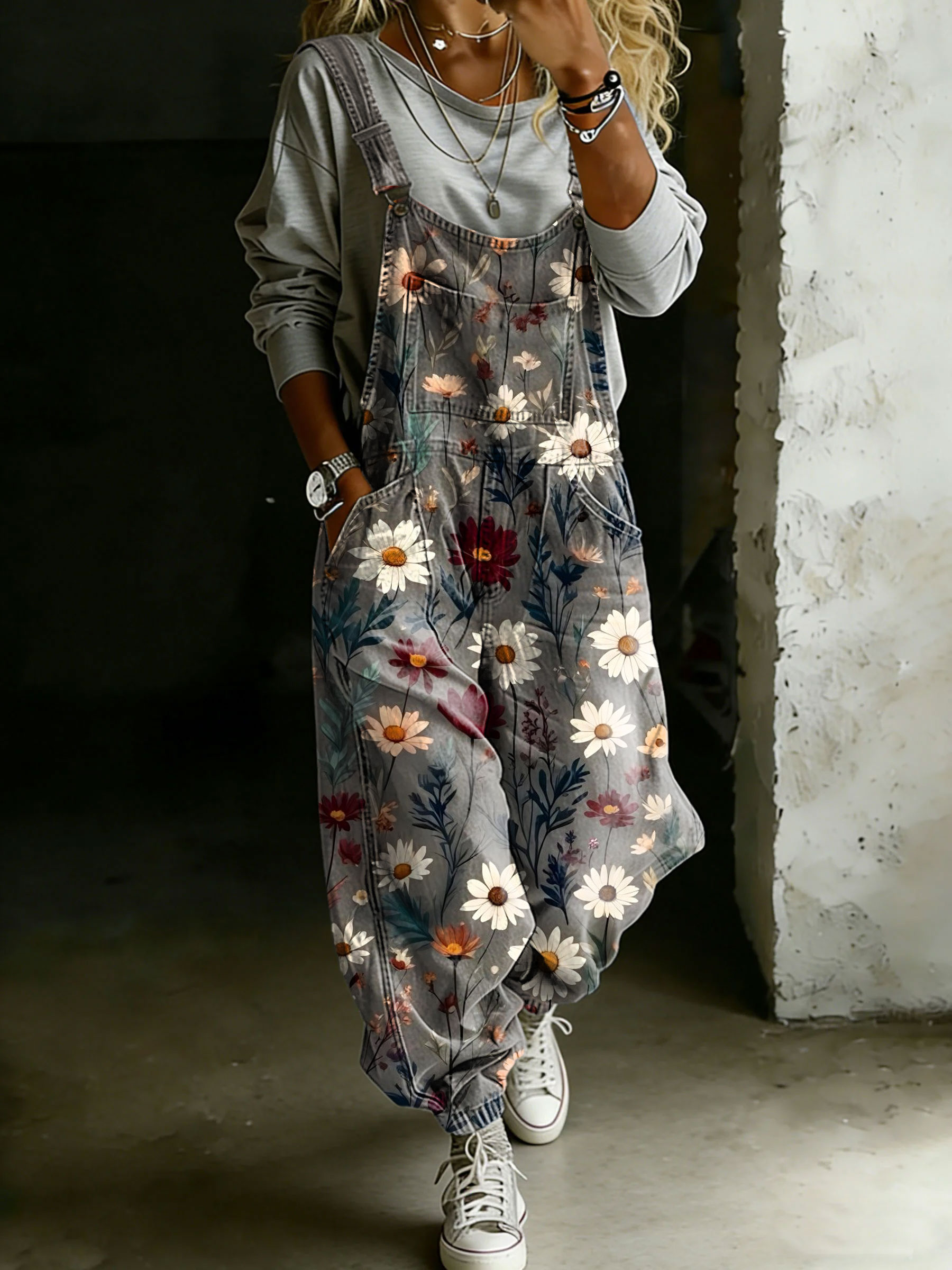 Women’s Vintage Flower Print Casual One Piece Denim Jumpsuit