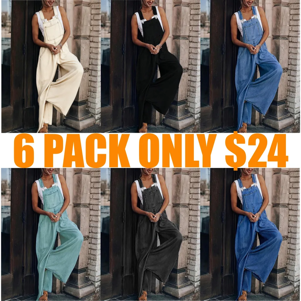 Women's Denim-Effect Print Plicated Wide Leg Overalls Jumpsuit