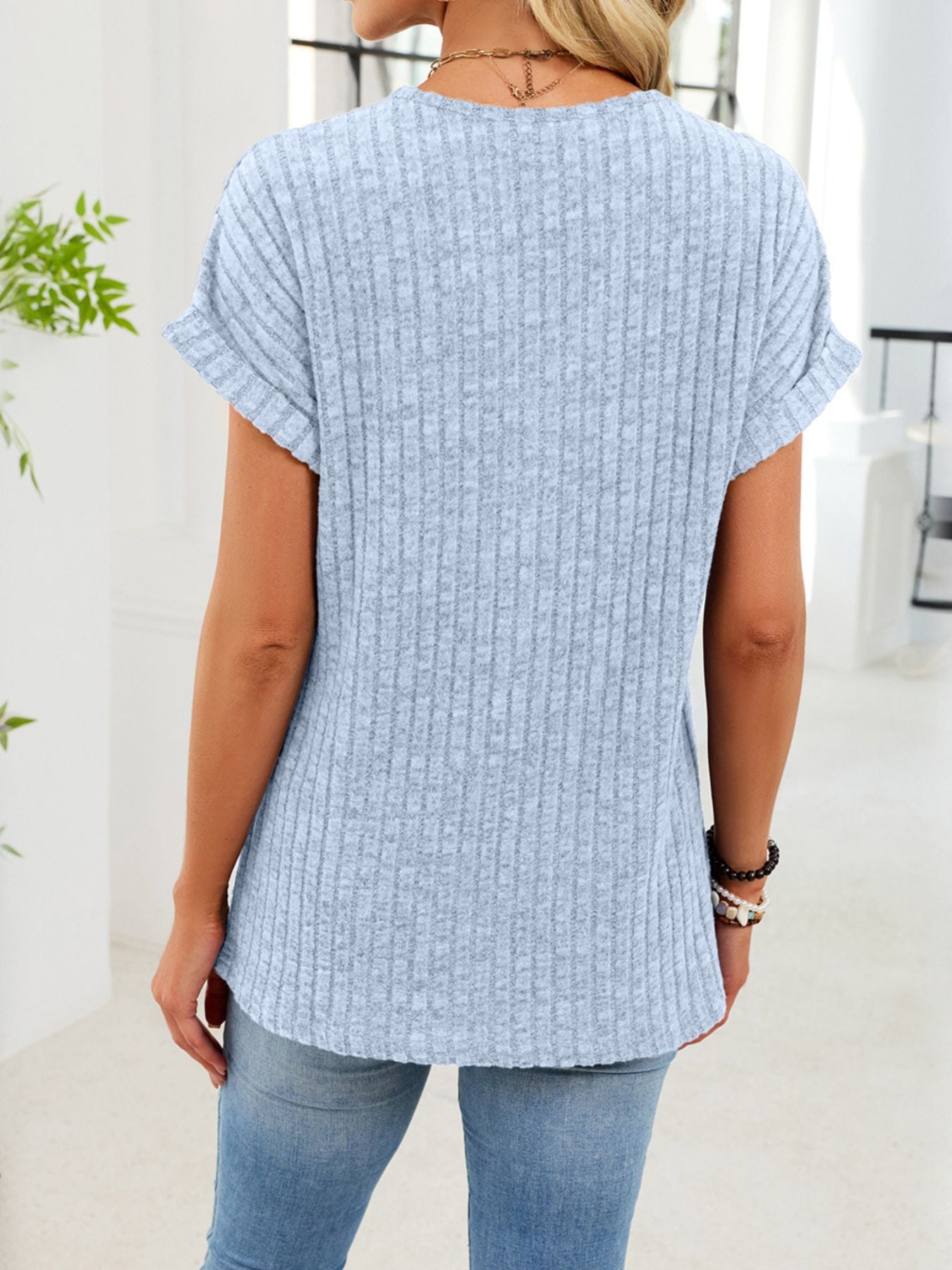 Ribbed Knit V-Neck T-Shirt