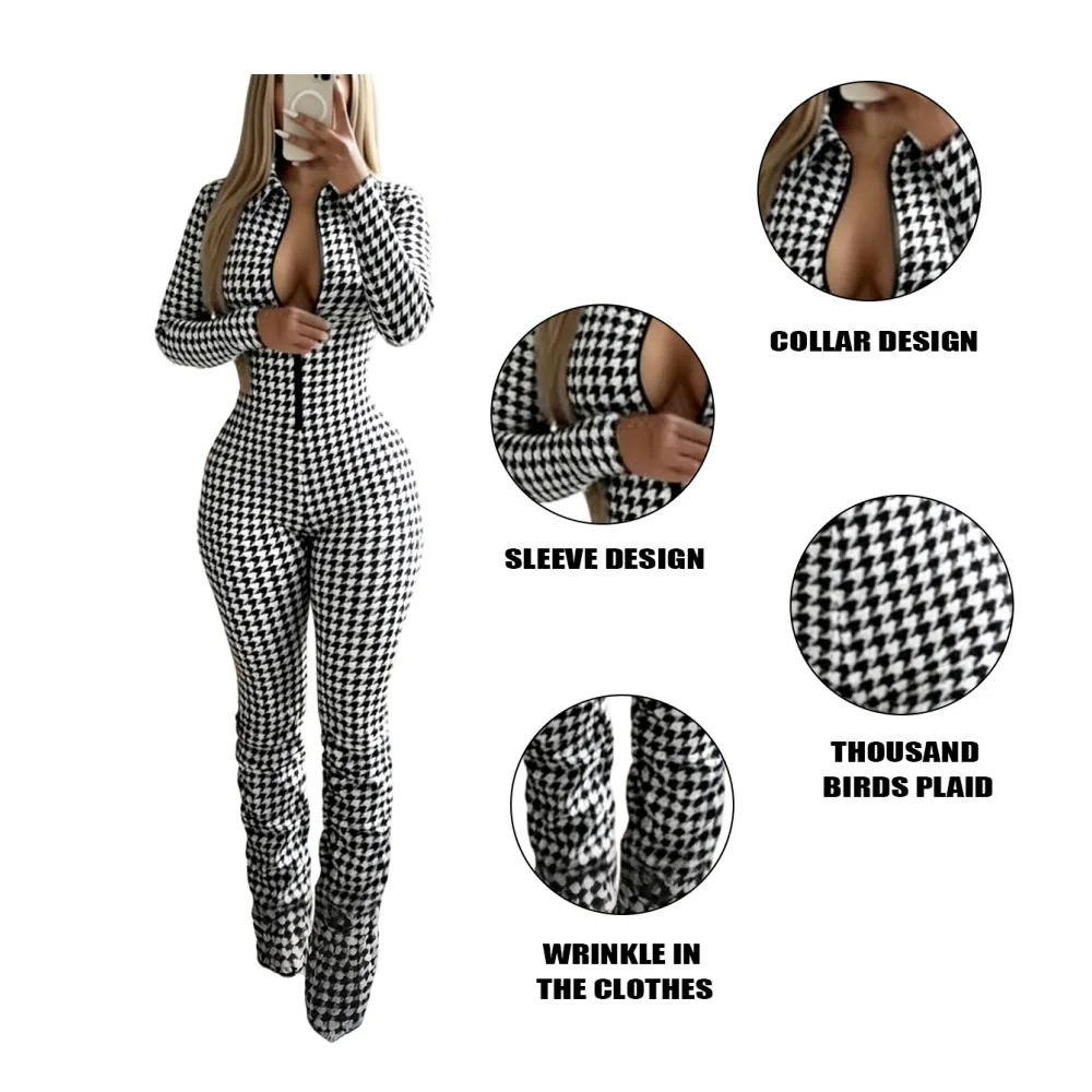 Women's timeless houndstooth jumpsuit with zipper closure