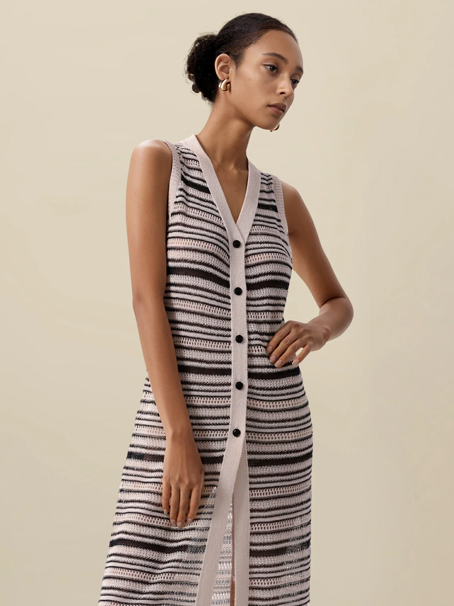 Lyocell V-Neck Sleeveless Striped Dress