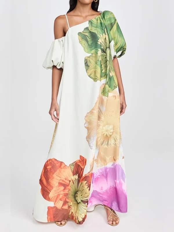 A-Line Loose Elasticity Flower Print One-Shoulder Maxi Dresses