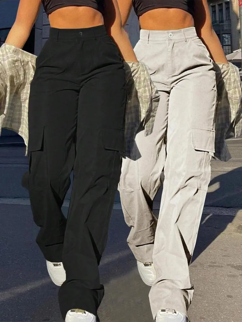 Women's Plain Flap Pocket Button High Waist Cargo Pants