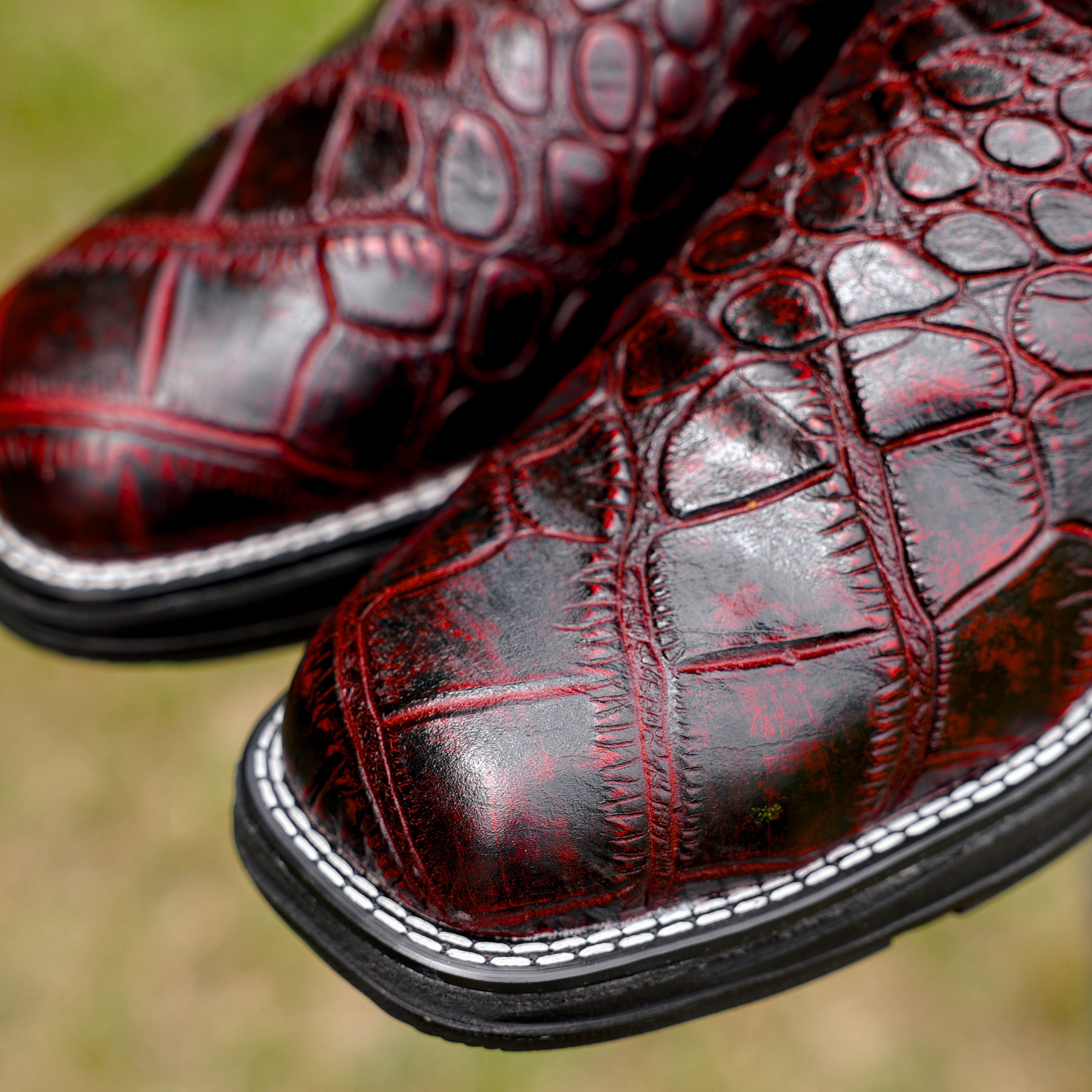 Black Cherry Caiman Belly Leather Boots With 3D Lightweight Sole - Composite Toe