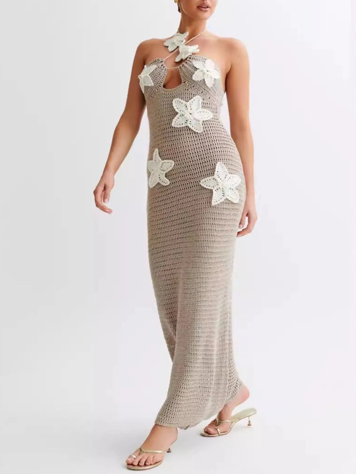 Crochet Floral Halter Knit Cover Up Dress