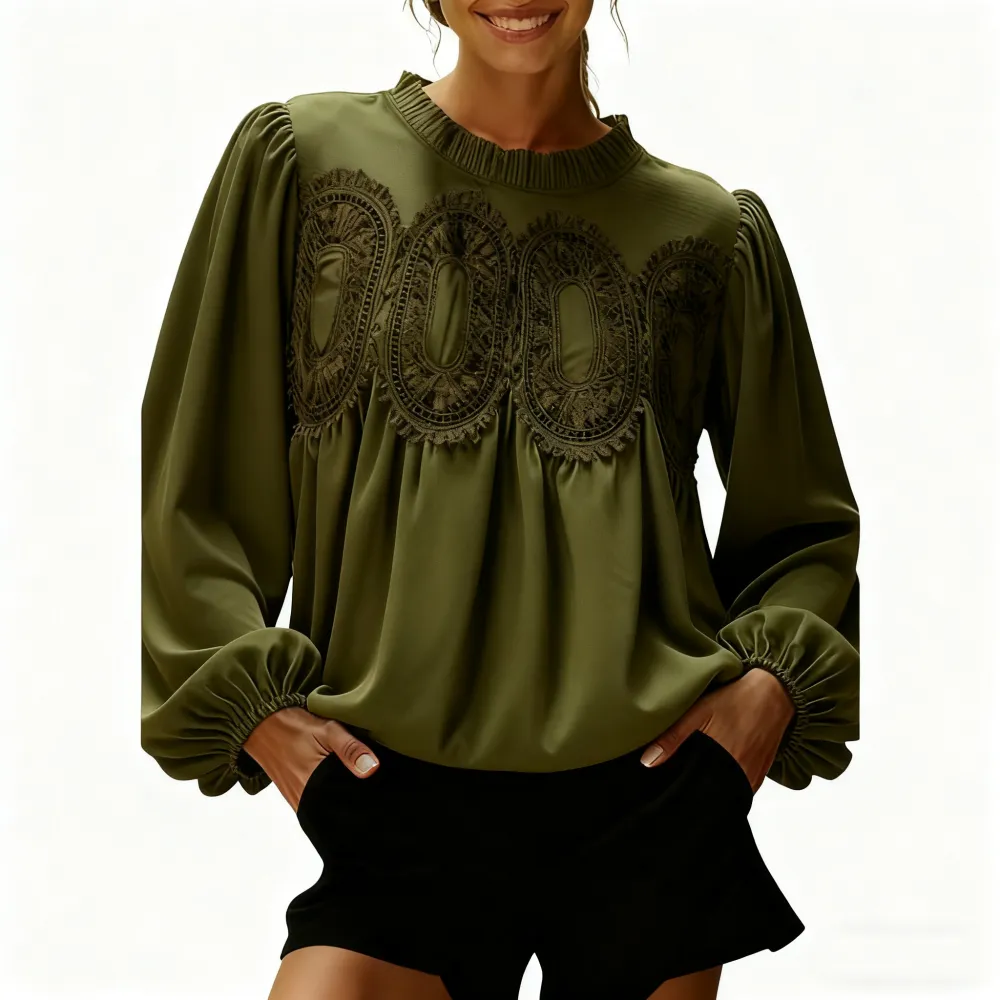 Women's Elegant Long-Sleeve Lace Velvet-Trim Swing Blouse