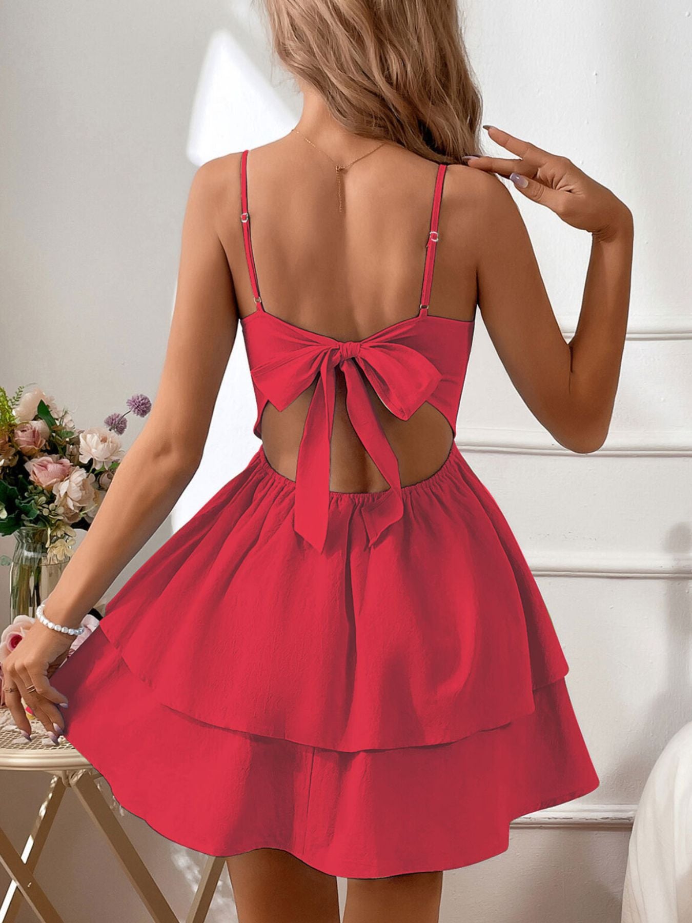 Tie Back Layered Ruffle Hem Mini Dress