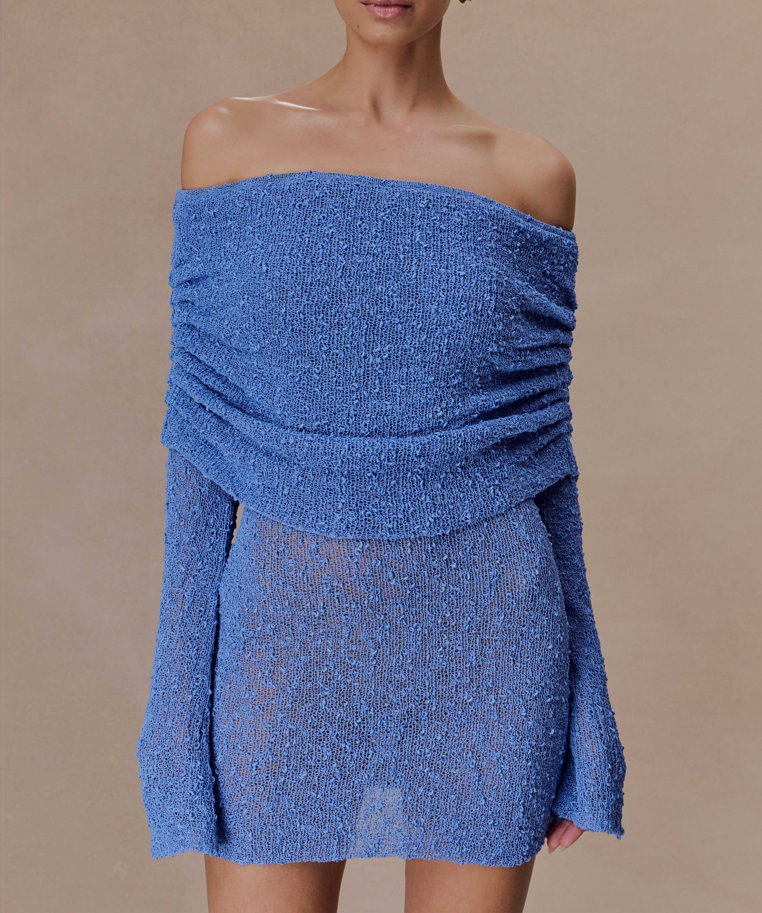 Periwinkle Off Shoulder Boucle Mini Dress