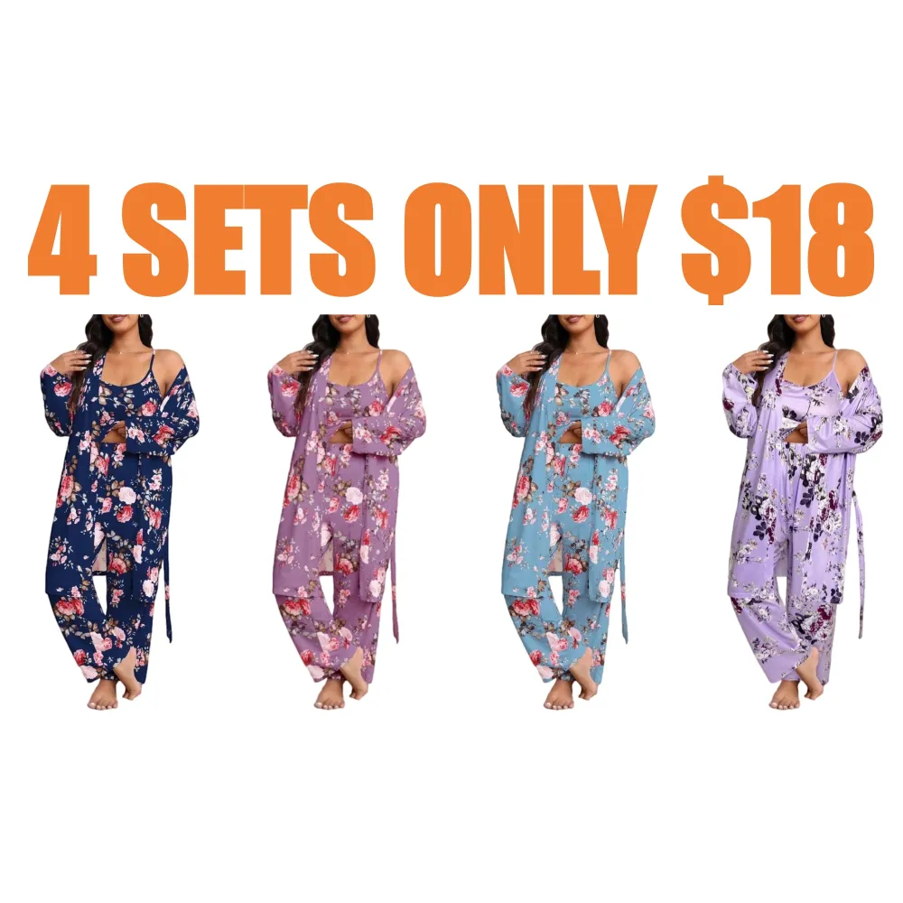 3-Piece Set Floral Print Belted Lounge Robe & Cami Top & Elastic