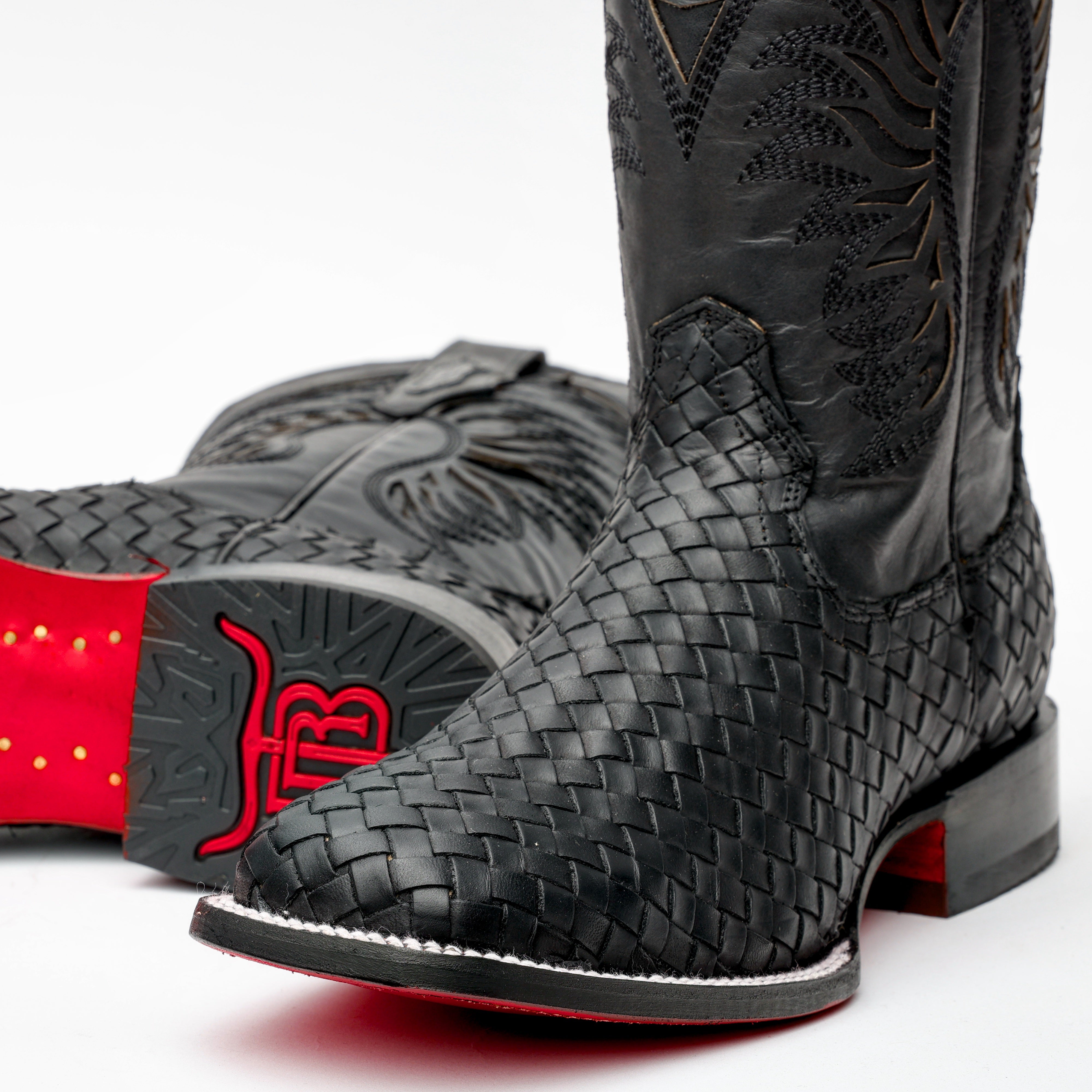 Black Basketweave Leather Boots - Square Toe