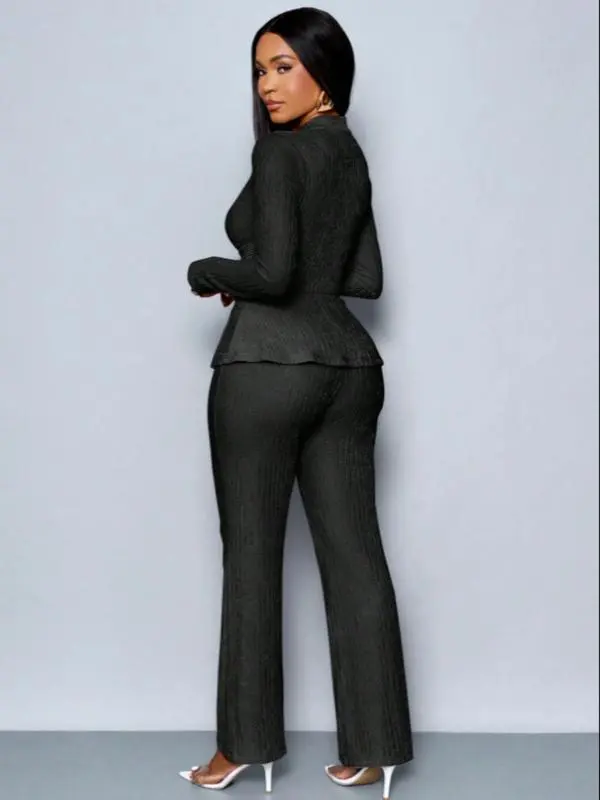 Women's Elegant V Neck Long Sleeve T-Shirt And Wide Leg Pants Two Piece Set