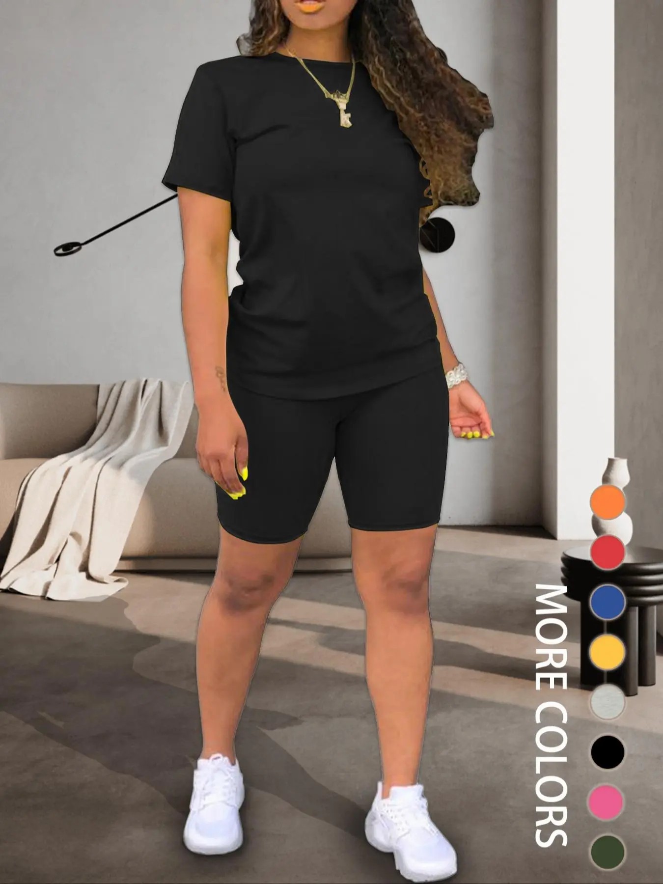 Two-piece Set Women's Fitted Plain Round Neck Tee & Skinny Shorts Set, Summer Clothes Women, Short Sleeve Crew Neck T-shirt & Shorts, Casual Summer Clothes for Outdoor, Cute Summer Outfit, Casual Matching Set, Womenswear