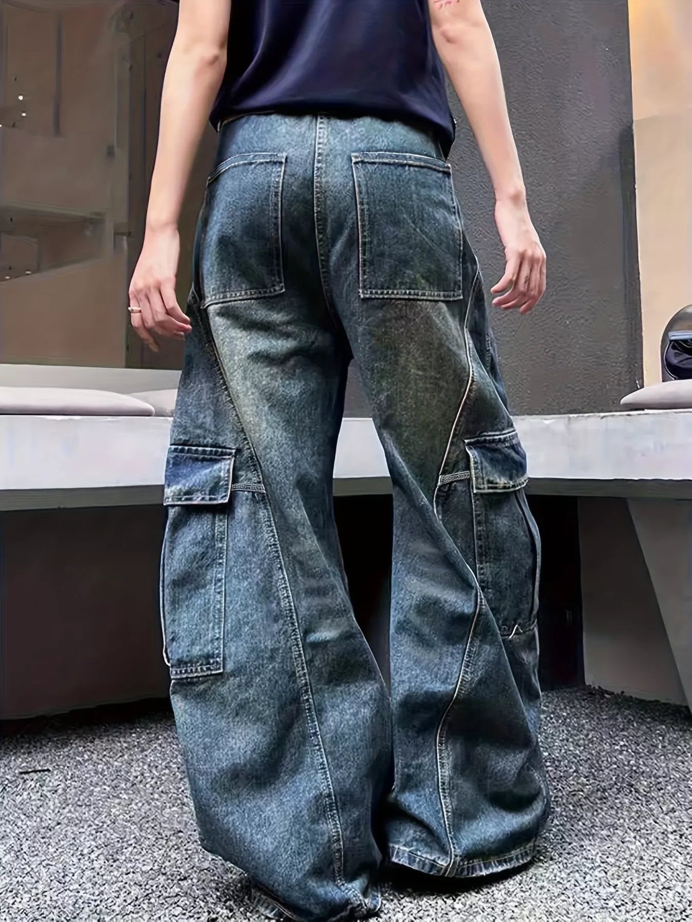 Vintage Wash Wide Leg Cargo Jeans