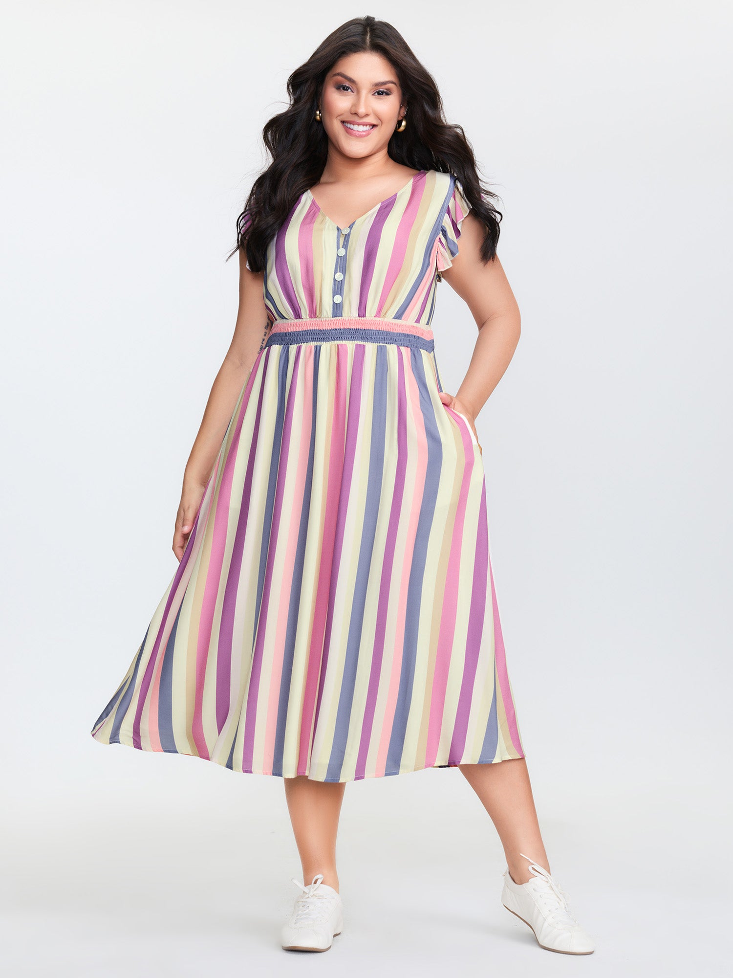 Striped Babydoll Flutter Sleeve Midi Dress