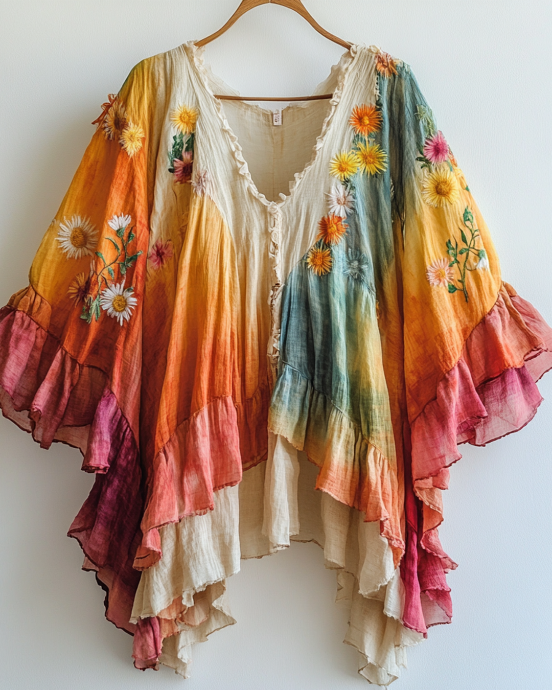 Rainbow Linen Ruffle Daisy Embroidery Irregular Cardigan b032
