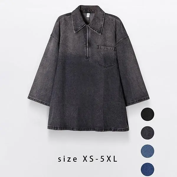 Women's Denim Dress Half-Zip Collared Vintage Washed Blue Loose Fit Long Sleeve