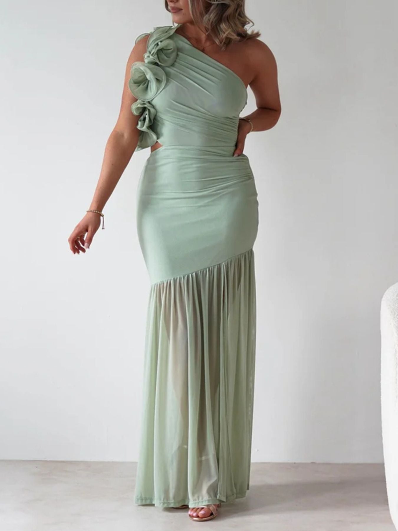 One-Shoulder Ruffle Trim Maxi Dress