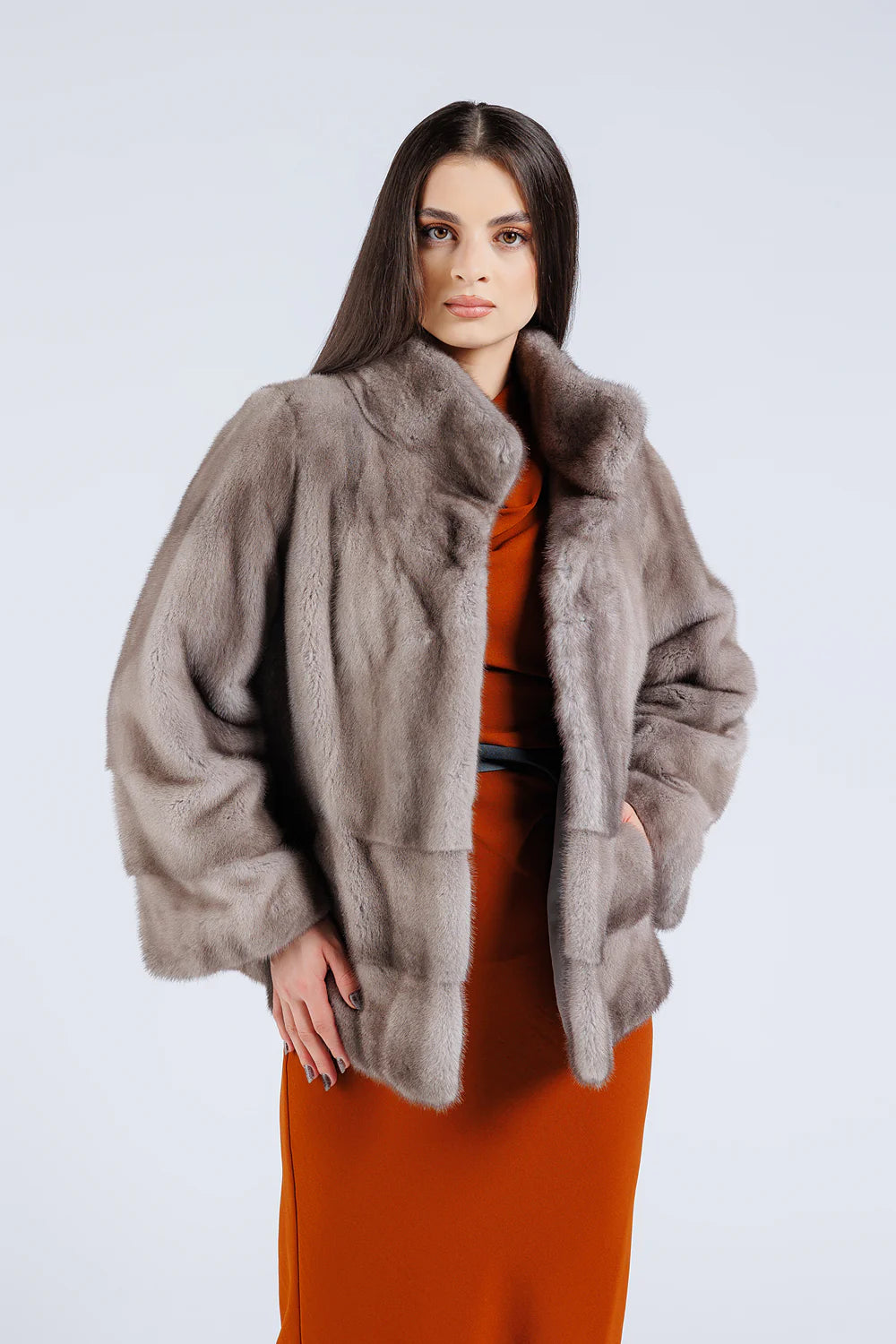 Haină din Blană Naturală de Vizon, Mâneca Clopot, Femei, Silver Blue 227