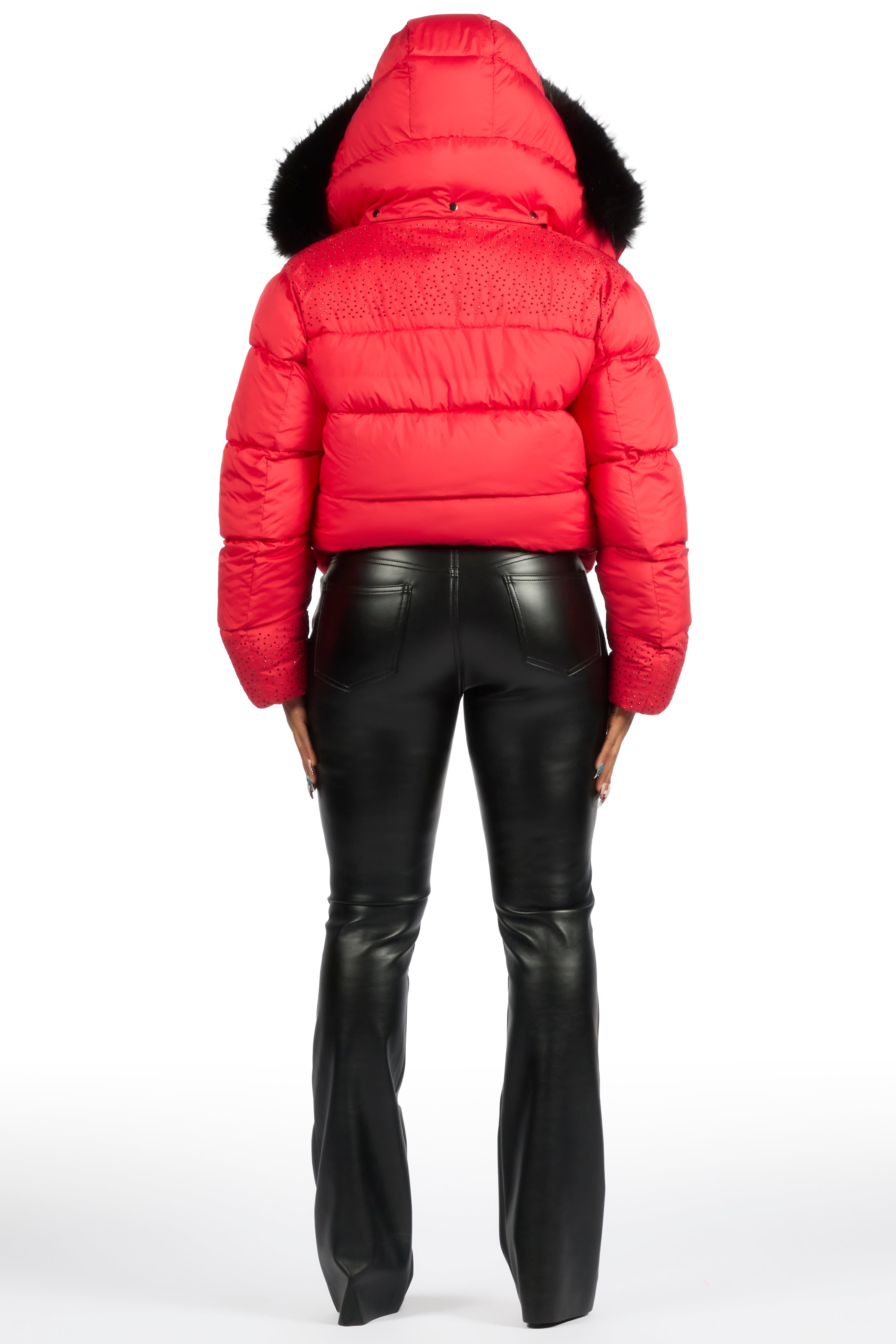 Natia Red Oversized Rhinestone Puffer Jacket