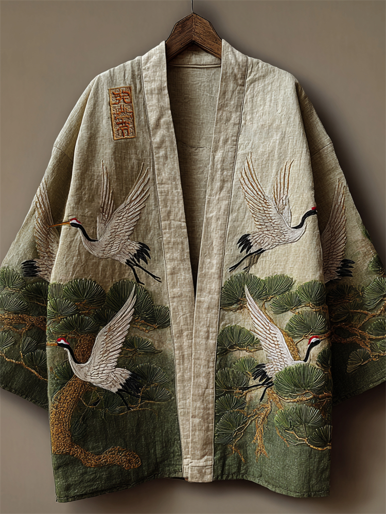 Japanese Cranes & Pine Trees Embroidered Linen Kimono Cardigan