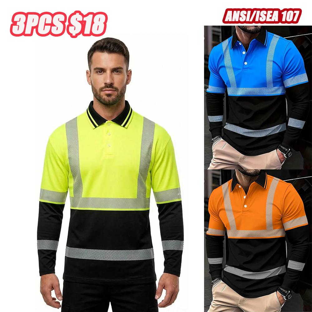 Men's casual autumn and winter tooling printed long-sleeved POLO shirt - contrasting color design, orange, black and neon green optional(ANSI/ISEA 107)