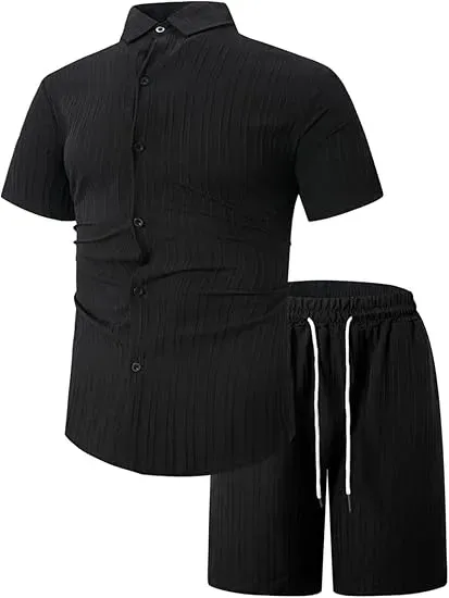 Men'S Solid Textured Short Sleeve Button Front Shirt & Pocket Drawstring Waist Shorts Two-Piece Set, Casual Summer Outfits Clothes Set For Men, Sets For Men Clothing, Menswear,  Summer Outfits Set