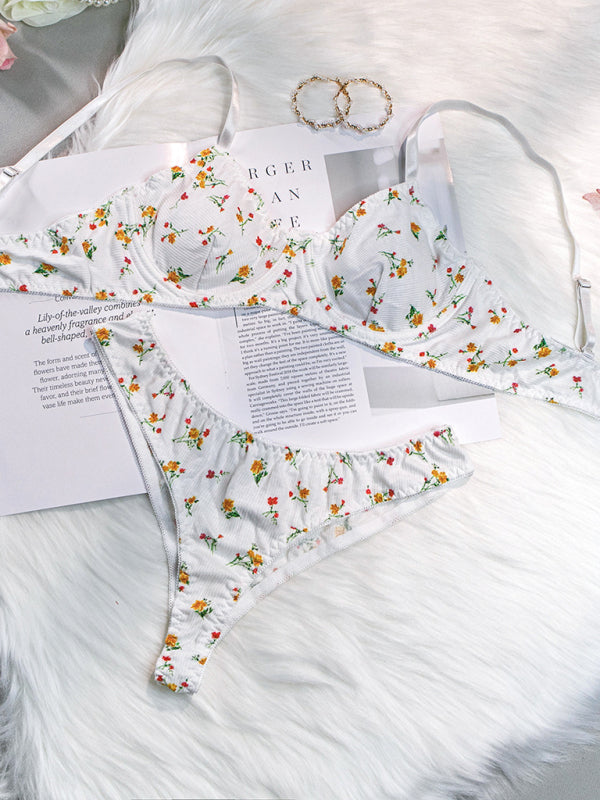 Ditsy Knitted Pastoral Style Underwire Lingerie Set