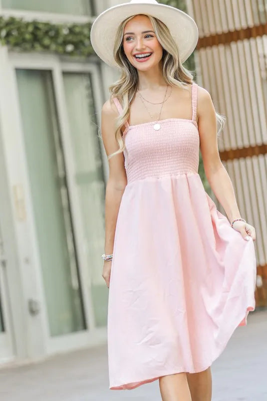 Smocking Open-Back Sleeveless Midi Dress