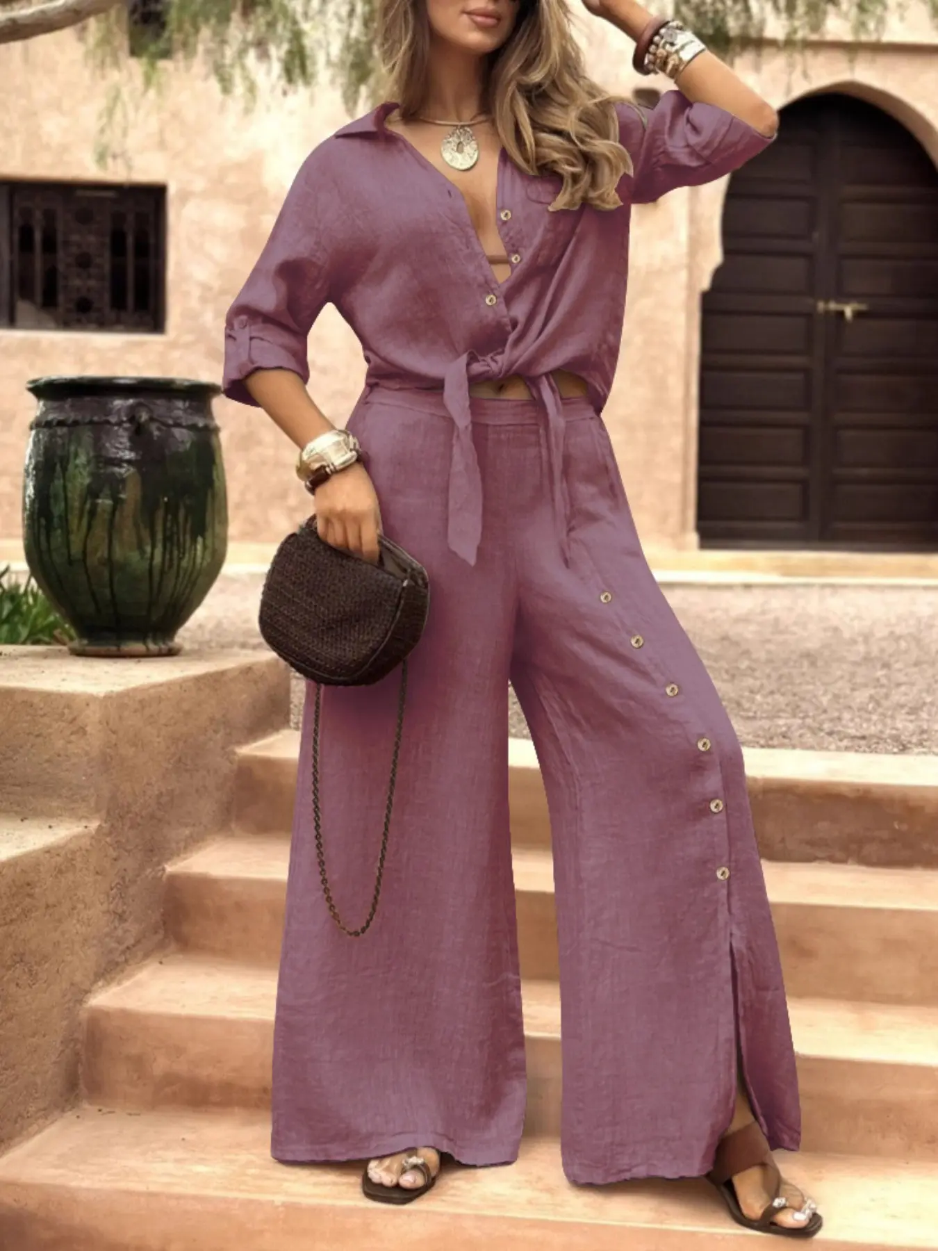 Women's Long Sleeve Loose Fit Shirt Set with Tie Hem