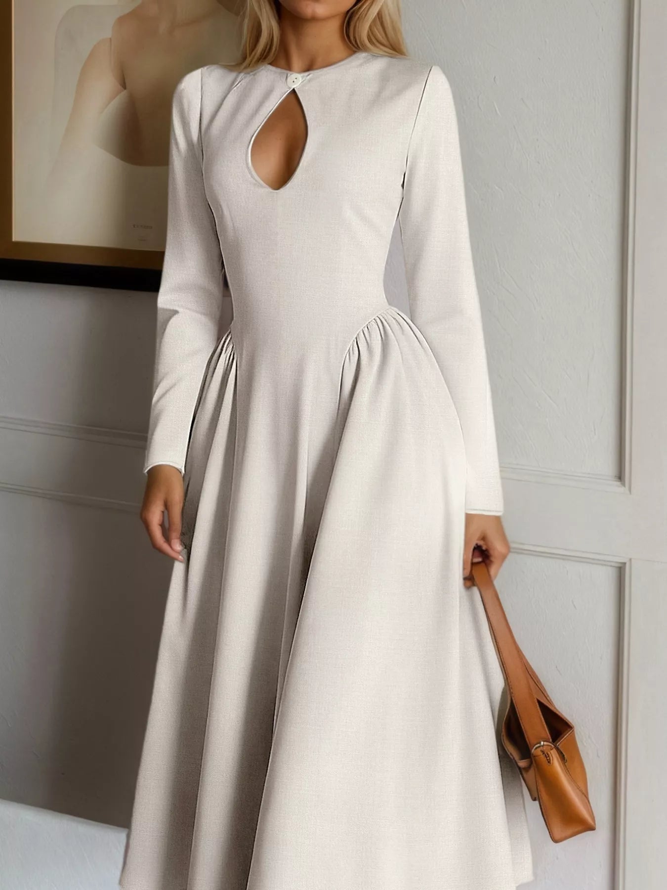 Cutout Front Long Sleeve A-Line Dress